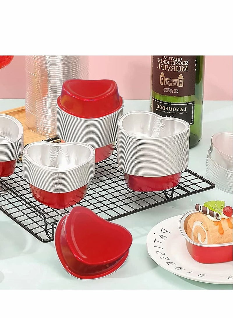 Excefore 50 Sets of Aluminum Cupcake Cups with Lids, Heart-Shaped Cake Pans for Baking with Red Petals, 3.5 Ounces Red Disposable Mini Foil Pans - Image 3