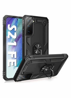 Case for Samsung S21 FE Heavy Duty Hard Armor Military Anti Fall Shockproof Bumper Rugged with Magnetic Ring Kickstand Cover Galaxy 5G Cases 2022 Black