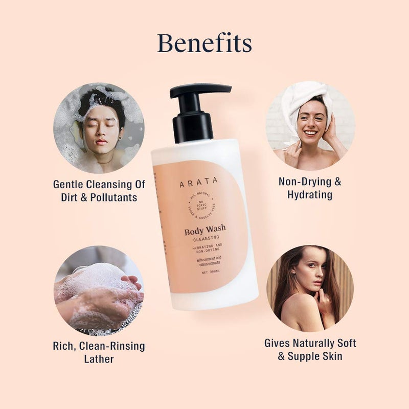 Arata Hydrating & Non-Drying Body Wash With Ayurvedic Coconut & Citrus | All Natural, Vegan & Cruelty-Free | Gentle Cleansing For Women & Men | No SLS, No Parabens - 10 Fl Oz - Image 3