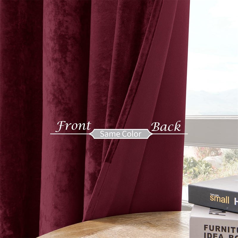 SMILETIME Burgundy Red Crushed Velvet Grommet Curtains 52x96 inch Luxurious Thermal Insulated Soundproof Drapes for Living Room Office Soft and Durable Light-Filtering Window Treatments, 2 Panels - Image 4
