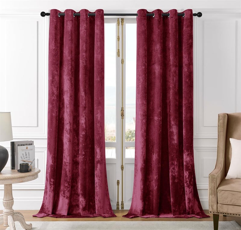 SMILETIME Burgundy Red Crushed Velvet Grommet Curtains 52x96 inch Luxurious Thermal Insulated Soundproof Drapes for Living Room Office Soft and Durable Light-Filtering Window Treatments, 2 Panels - Image 1