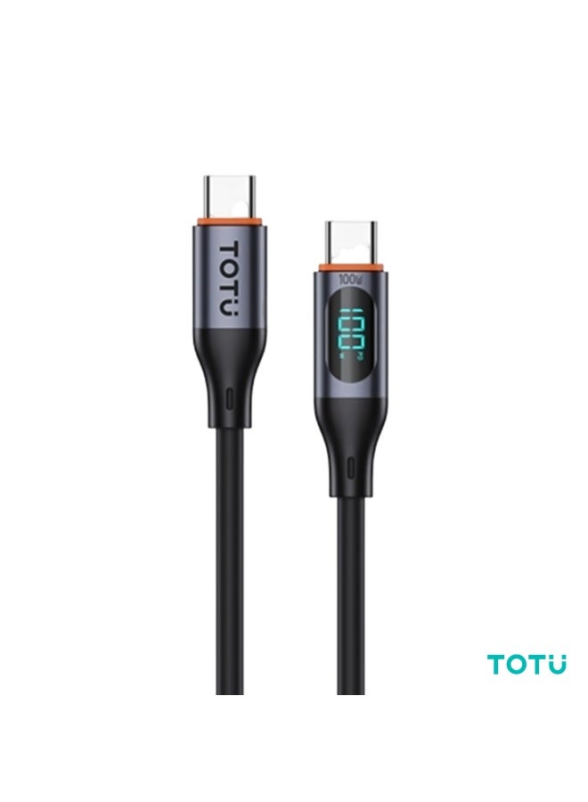 Totu 100W Type-C to Type-C Fast Charging Cable with Real-Time Digital Power Display, 5A High Current, Smart E-Marker Chip & Durable Silicone Cord - Black - Image 1