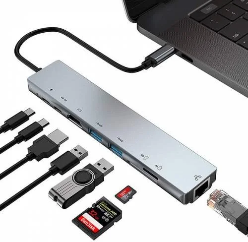 Polhammobile Polham 8 Port Type-C HDMI 3xusb 2 Pd Ethernet RJ45 Tf Sd Card Hub Adapter Multiplexer Reader