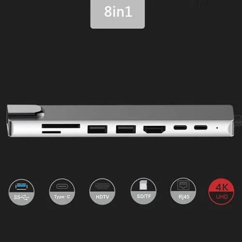 Polhammobile Polham 8 Port Type-C HDMI 3xusb 2 Pd Ethernet RJ45 Tf Sd Card Hub Adapter Multiplexer Reader