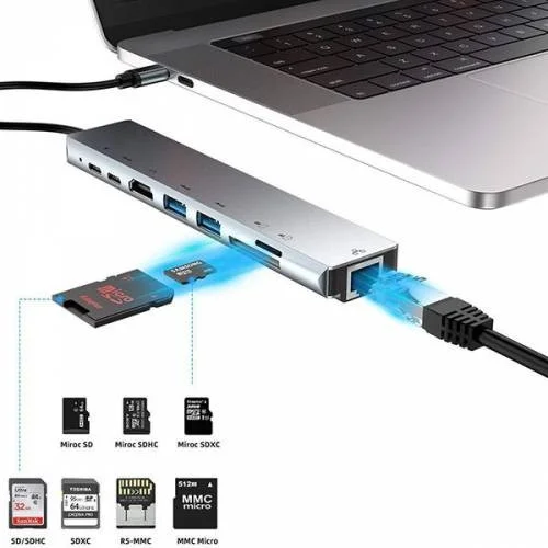 Polhammobile Polham 8 Port Type-C HDMI 3xusb 2 Pd Ethernet RJ45 Tf Sd Card Hub Adapter Multiplexer Reader
