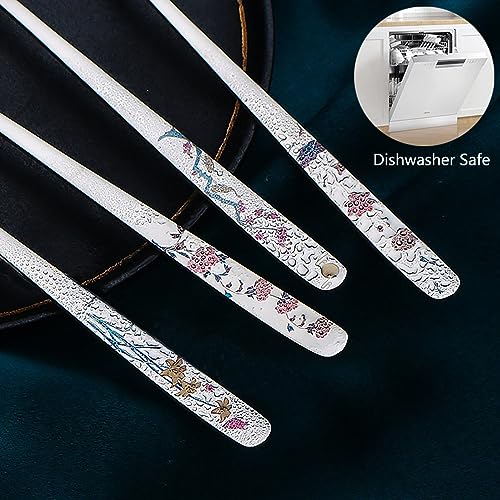 YAPULLYA Korean Soup Spoons, 18/8 Stainless Steel Long Handle 8 Inch Tablespoon, Asian Metal Dinner Spoons, Set of 4 (flowers) - Image 2