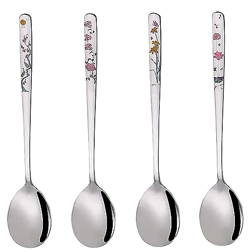 YAPULLYA Korean Soup Spoons, 18/8 Stainless Steel Long Handle 8 Inch Tablespoon, Asian Metal Dinner Spoons, Set of 4 (flowers) - Image 1