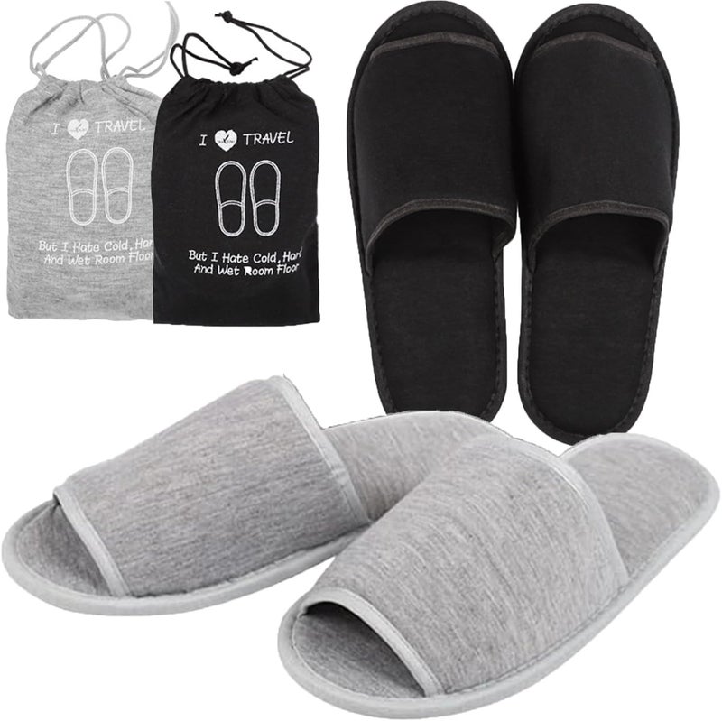 Excefore 2 Pairs Portable Travel Slipper Spa Hotel Open Toe Sandals Non Disposable Foldable Shoes Guest Indoor House Room Business Trip Party Washable Footwear with Bags - Image 1