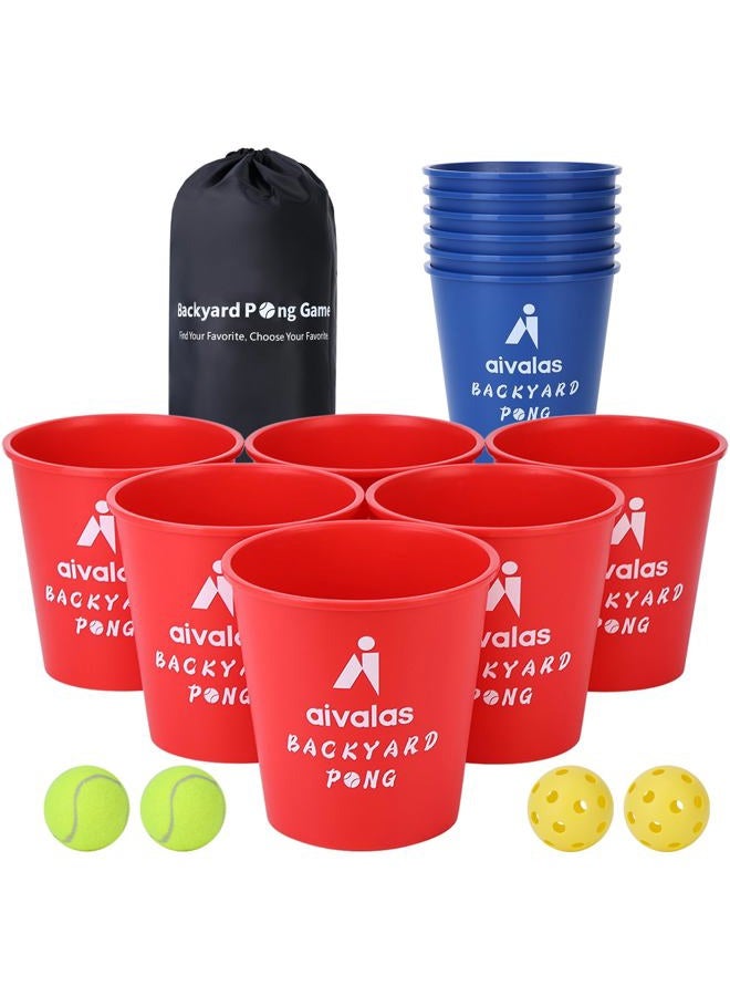 Aivalas Giant Yard Pong Outdoor Games, Yard Games Set Including 12 Buckets, 4 Balls and a Carry Bag for Beach, Camping, Lawn and Backyard (Blue/Red) - Image 1