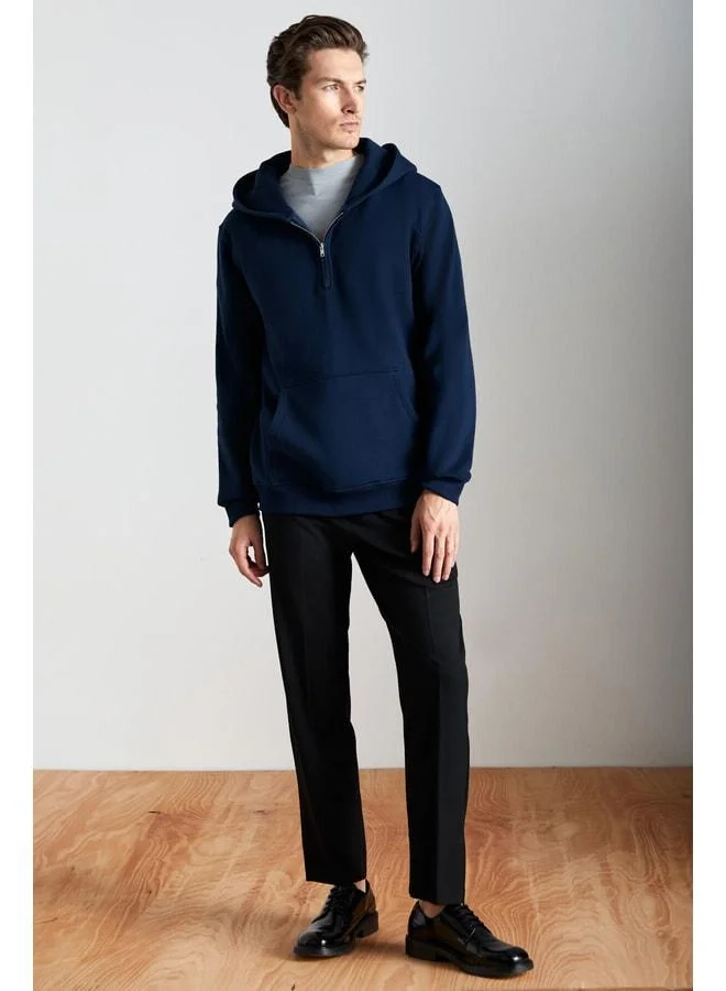 GRIMELANGE Cancelled Men's Cotton Hooded Zippered Neck Navy Sweatshirt