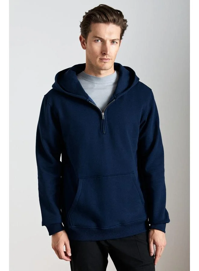 GRIMELANGE Cancelled Men's Cotton Hooded Zippered Neck Navy Sweatshirt