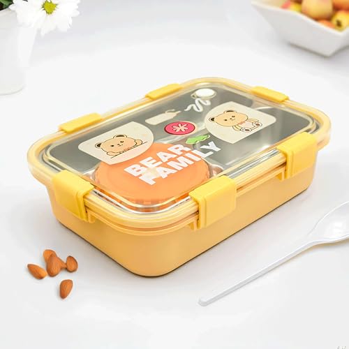 KBV Stainless Steel Bento Lunch Box for Kids | 3-Compartment Lunch Box | BPA Free, 304 Stainless Steel, Dishwasher-Safe, Perfect Lunch Box Containers for School and Office (Yellow) - Image 2