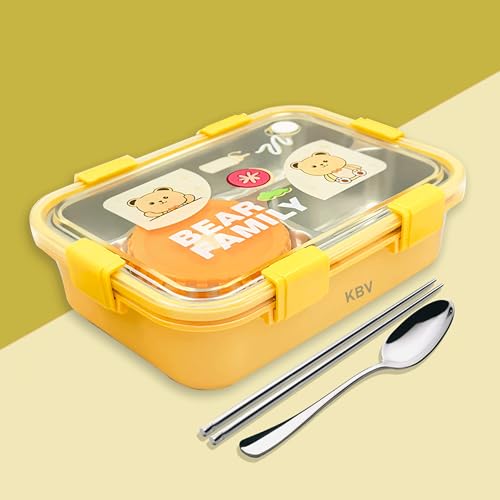 KBV Stainless Steel Bento Lunch Box for Kids | 3-Compartment Lunch Box | BPA Free, 304 Stainless Steel, Dishwasher-Safe, Perfect Lunch Box Containers for School and Office (Yellow) - Image 1