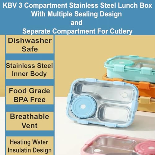 KBV Stainless Steel Bento Lunch Box for Kids | 3-Compartment Lunch Box | BPA Free, 304 Stainless Steel, Dishwasher-Safe, Perfect Lunch Box Containers for School and Office (Yellow) - Image 4