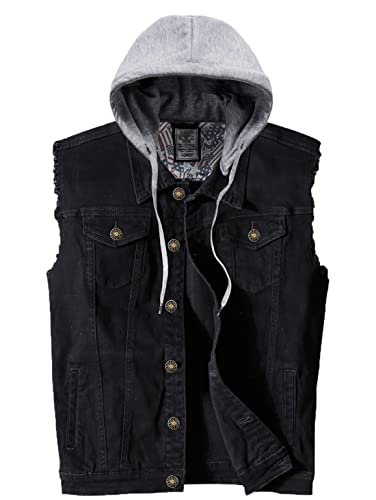 Heihuohua Men's Casual Button-Down Denim Vest Trucker Jean Jacket with Hoodie, Black, X-Large - Image 3
