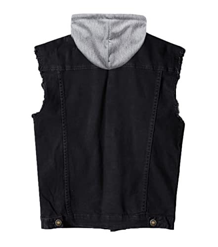 Heihuohua Men's Casual Button-Down Denim Vest Trucker Jean Jacket with Hoodie, Black, X-Large - Image 2