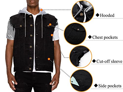 Heihuohua Men's Casual Button-Down Denim Vest Trucker Jean Jacket with Hoodie, Black, X-Large - Image 4