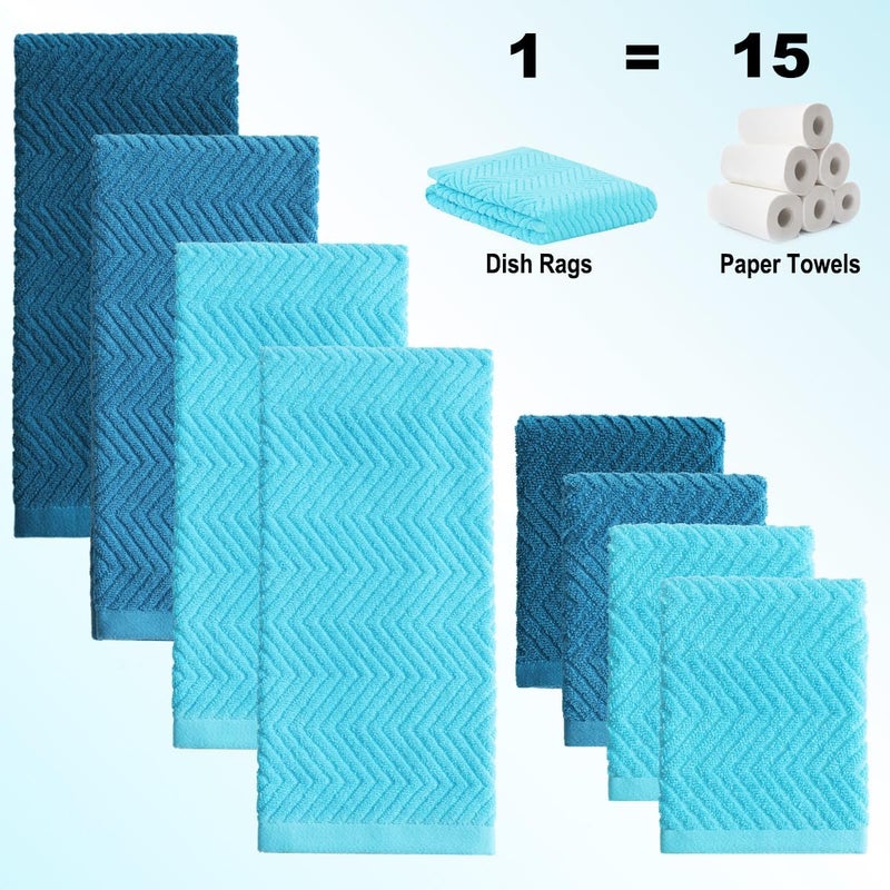 QAJ 100% Cotton Kitchen Towels and Dishcloths Set, Pack of 8 Super Absorbent 16" x 25" Kitchen Towels and 13" x 13" Dish Cloths (400 GSM) - Image 2