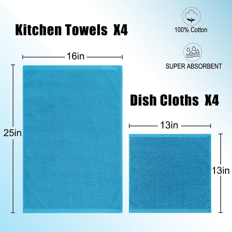 QAJ 100% Cotton Kitchen Towels and Dishcloths Set, Pack of 8 Super Absorbent 16" x 25" Kitchen Towels and 13" x 13" Dish Cloths (400 GSM) - Image 3