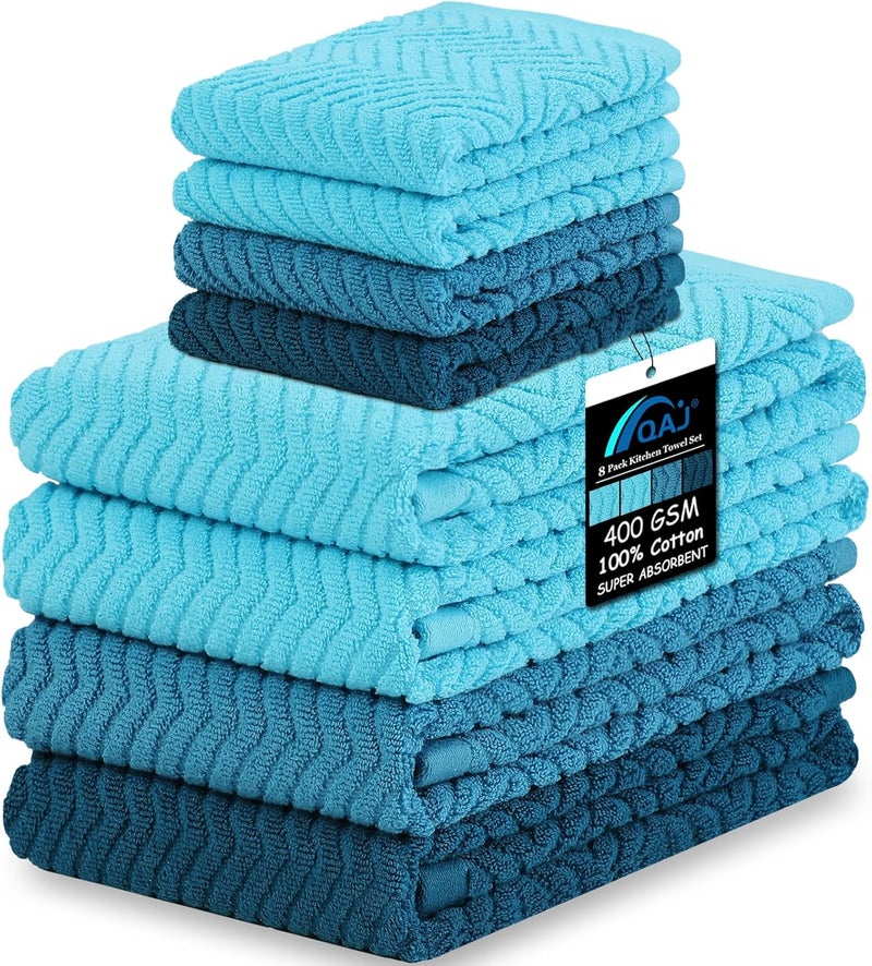 QAJ 100% Cotton Kitchen Towels and Dishcloths Set, Pack of 8 Super Absorbent 16" x 25" Kitchen Towels and 13" x 13" Dish Cloths (400 GSM) - Image 1