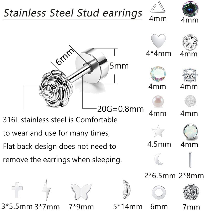 Staligue 18 Pairs Cartilage Stud Earrings Set for Women Men Star Triangle Moon Heart Disc Ball CZ Small Stainless Steel Geometric Barbell Flatback Piercing (Silver) - Image 2
