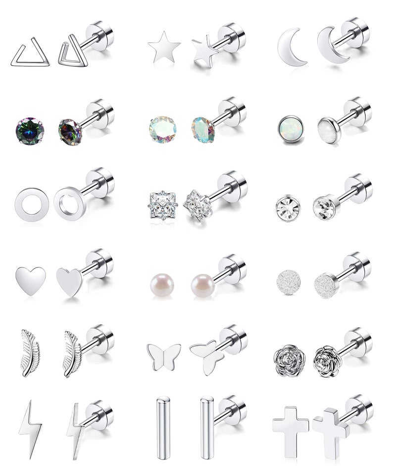 Staligue 18 Pairs Cartilage Stud Earrings Set for Women Men Star Triangle Moon Heart Disc Ball CZ Small Stainless Steel Geometric Barbell Flatback Piercing (Silver) - Image 1