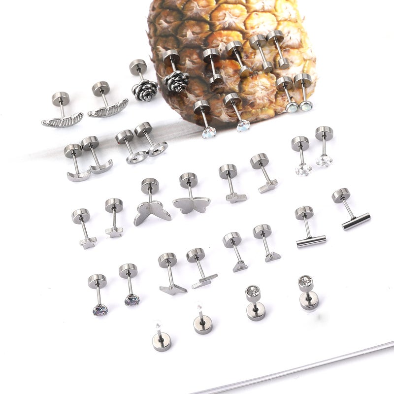 Staligue 18 Pairs Cartilage Stud Earrings Set for Women Men Star Triangle Moon Heart Disc Ball CZ Small Stainless Steel Geometric Barbell Flatback Piercing (Silver) - Image 3