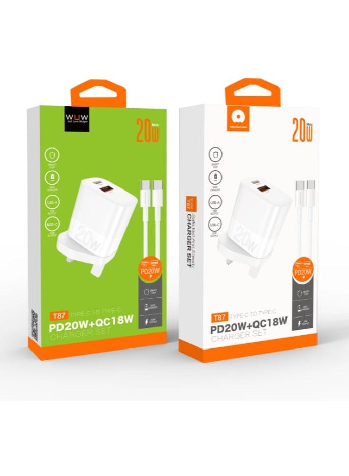 دبليو يو دبليو شاحن بقوة 20 واط مع منافذ USB وType-C مع كابل من النوع C باللون الأبيض