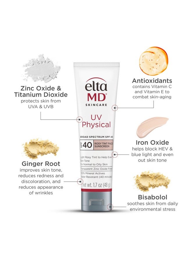 ايتا ام دي واقي شمسي وردي اللون من EltaMD UV Physical للوجه، عامل حماية من الشمس 41، مضاد للأكسدة، 100% مكونات معدنية فعالة، 1.7 أونصة - Image 3