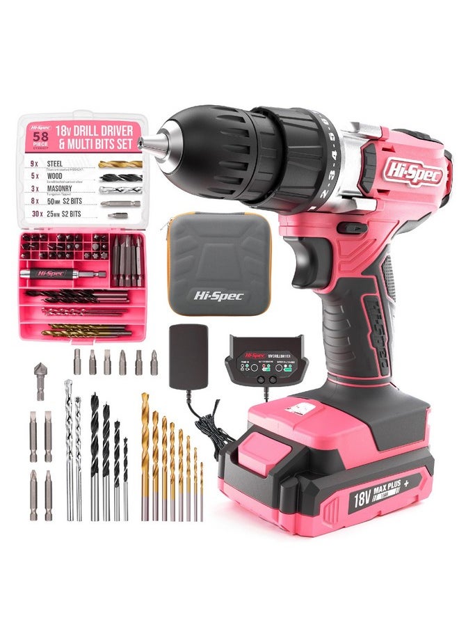 Hi-Spec - Hi-Spec 58pc 18V Cordless Power Drill Driver, Bit Set & Case. Complete Pink Drill and Drill Bit Set for Home & Garage DIY - Image 1