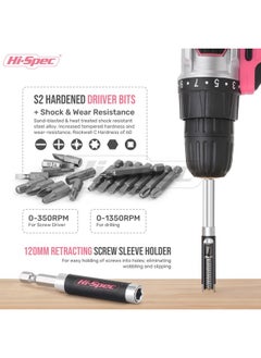 Hi-Spec Hi-Spec 58pc 18V Cordless Power Drill Driver, Bit Set & Case. Complete Pink Drill and Drill Bit Set for Home & Garage DIY  - Image 4