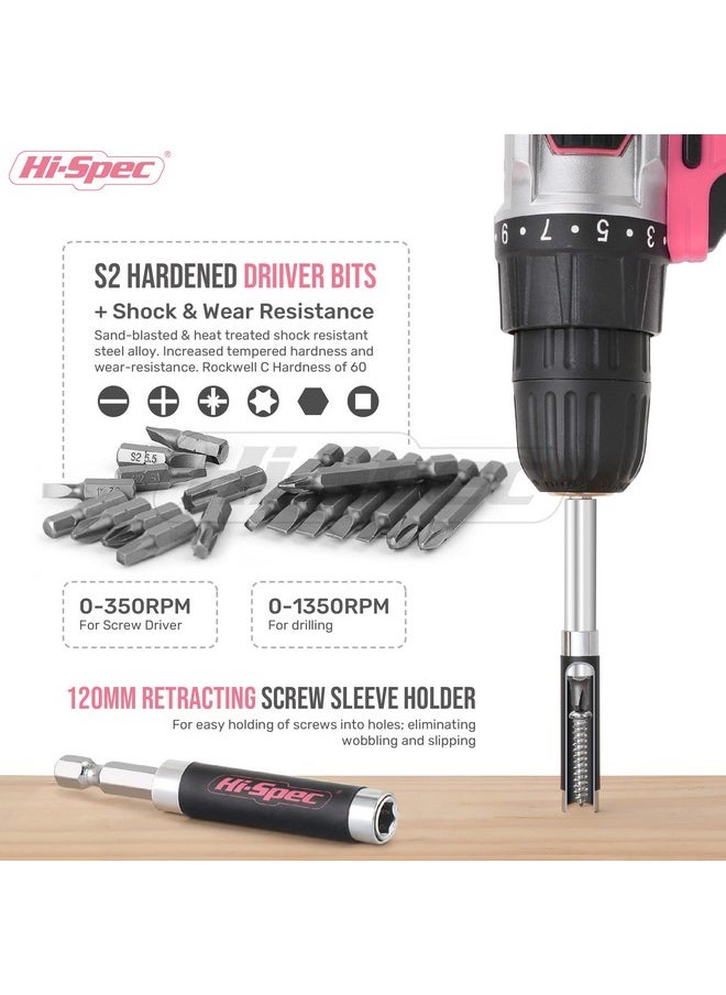 Hi-Spec - Hi-Spec 58pc 18V Cordless Power Drill Driver, Bit Set & Case. Complete Pink Drill and Drill Bit Set for Home & Garage DIY - Image 1