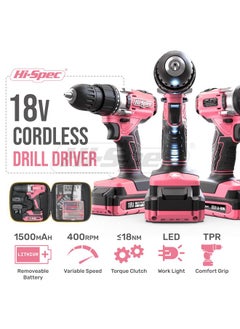 Hi-Spec Hi-Spec 58pc 18V Cordless Power Drill Driver, Bit Set & Case. Complete Pink Drill and Drill Bit Set for Home & Garage DIY  - Image 3