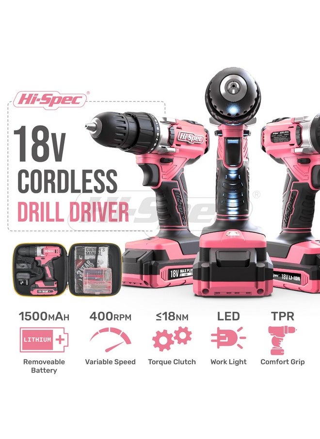 Hi-Spec - Hi-Spec 58pc 18V Cordless Power Drill Driver, Bit Set & Case. Complete Pink Drill and Drill Bit Set for Home & Garage DIY - Image 1