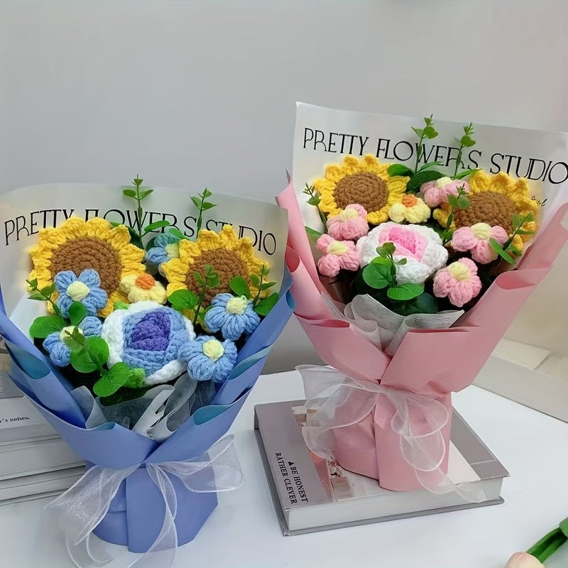 Handmade Crocheted Yarn Flower Bouquet Blue Sunflowers And Roses Romantic Home Decor For Valentine Birthday Anniversary - Image 2