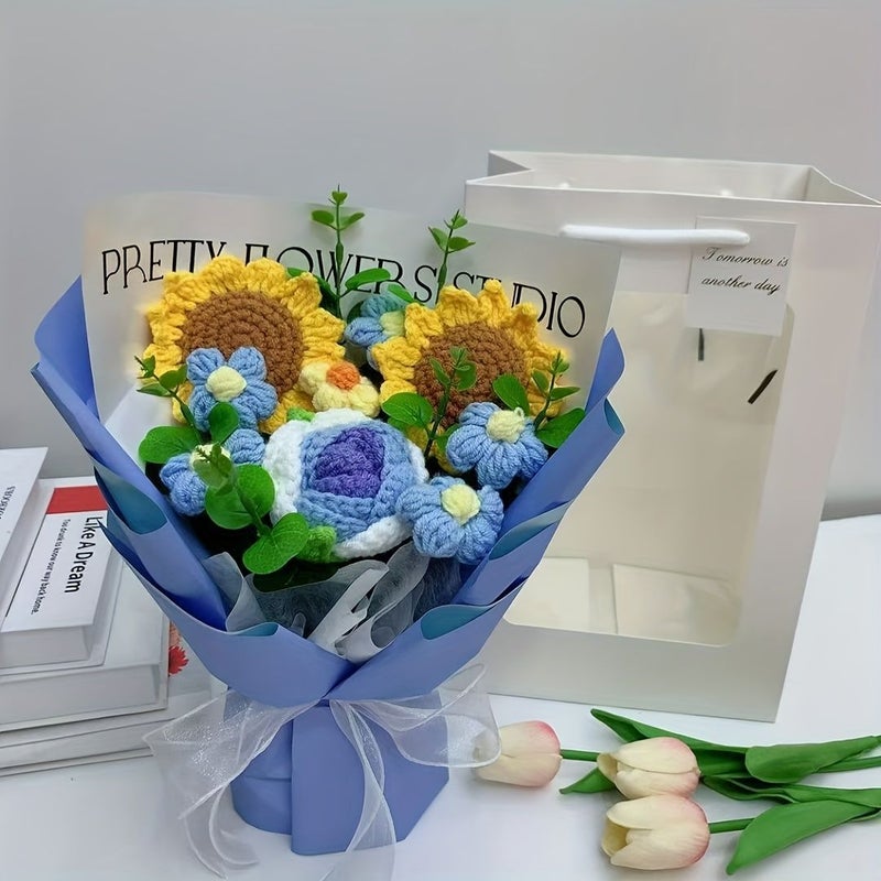 Handmade Crocheted Yarn Flower Bouquet Blue Sunflowers And Roses Romantic Home Decor For Valentine Birthday Anniversary - Image 5