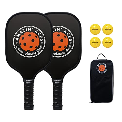 Amazin' Aces Classic Graphite Pickleball Paddle Set of 2 with 4 Official Balls - Lightweight Black Paddles Featuring Soft Nonslip Comfort Grip & Protective Portable Bag - Image 1