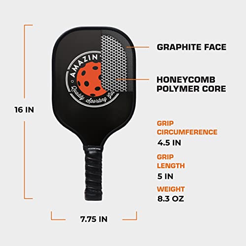 Amazin' Aces Classic Graphite Pickleball Paddle Set of 2 with 4 Official Balls - Lightweight Black Paddles Featuring Soft Nonslip Comfort Grip & Protective Portable Bag - Image 2