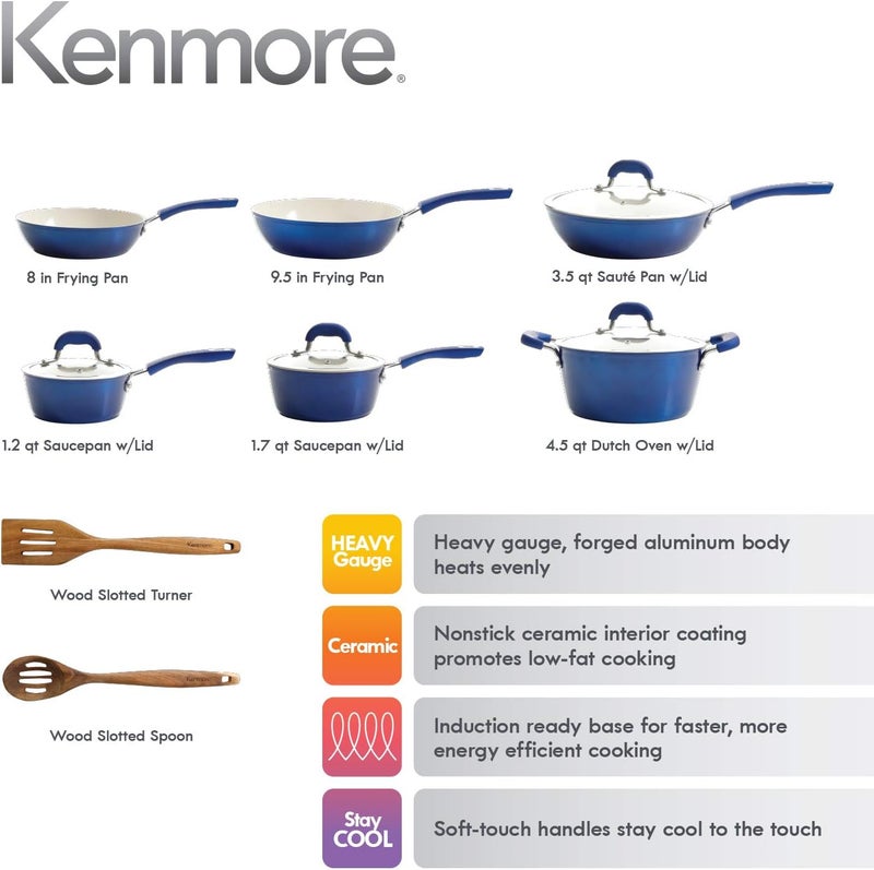 Kenmore أواني الطهي غير اللاصقة من كينمور أرتينجتون المصنوعة من الألمنيوم المطروق مع مقابض باكلايت مجموعة 12 قطعة باللون الأزرق المعدني - Image 2