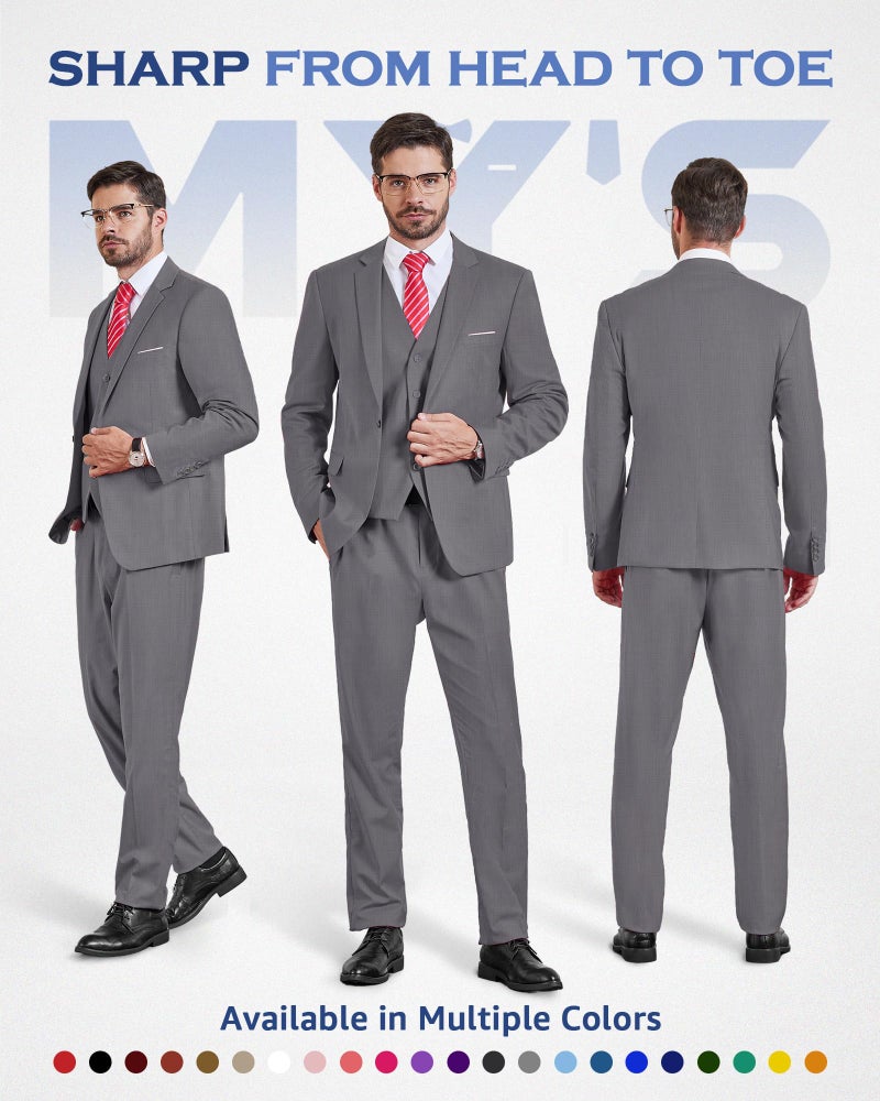 MYS MY'S Men's 3 Piece Slim Fit Suit Set, One Button Solid Jacket Vest Pants with Tie Light Grey - Image 2