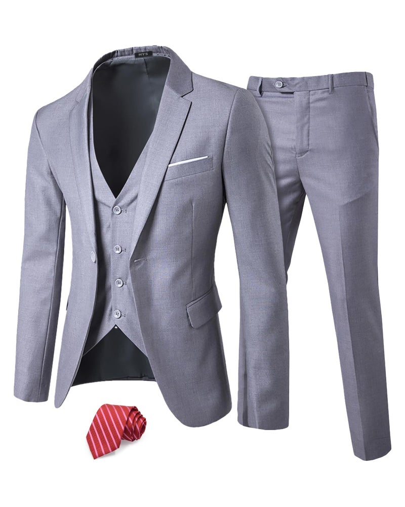 MYS MY'S Men's 3 Piece Slim Fit Suit Set, One Button Solid Jacket Vest Pants with Tie Light Grey - Image 1
