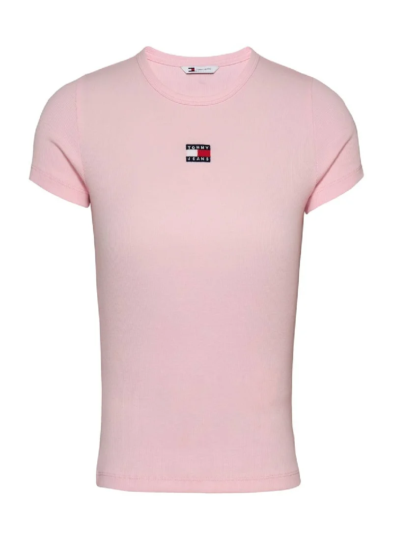 TOMMY JEANS Women's Slim Ribbed Badge Logo T-Shirt - Cotton, Pink