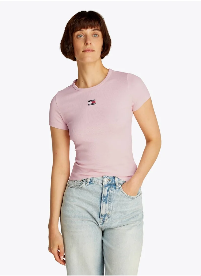 TOMMY JEANS Women's Slim Ribbed Badge Logo T-Shirt - Cotton, Pink