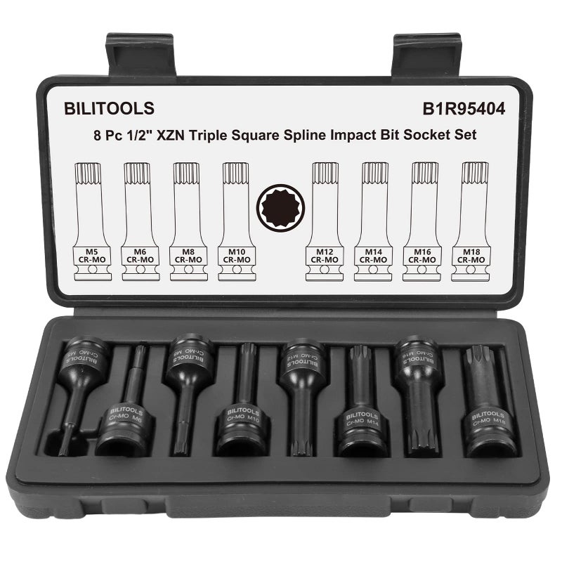 BILITOOLS 8Piece Impact XZN Triple Square Spline Bit Socket Set 12 inch Drive M5M18 CrMo Steel