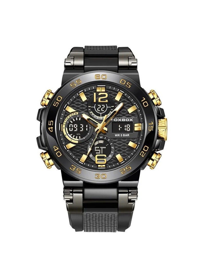 FOXBOX Dual Display Electronic Watch, Fashionable And Cool Multifunctional Silicone Glow Men's Watch, Sport Leisure Waterproof Business Watch, Military Wrist Watch For Men, (Black Gold)  - Image 1