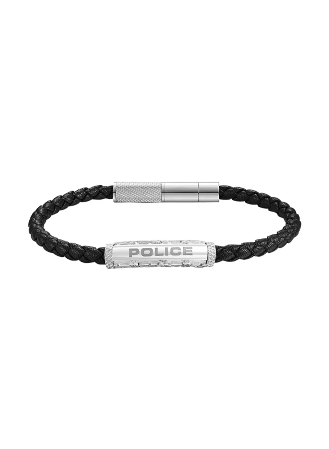 POLICE Warren Black Leather With Stainless Steel Wing Logo Gents BraceletPEAGB0033601