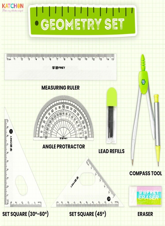 KatchOn, Geometry Set for Students - 8 Pieces | Metal Compass, Protractor, Eraser, Triangle Ruler, Lead Refills and Metal Box | Protractor and Compass Set | Back to School Supplies | Class Supplies - Image 2