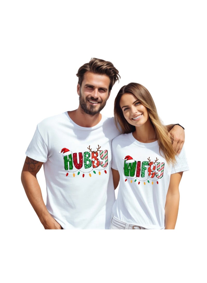 برينت شوب فور مي تي شيرت عيد الميلاد للأزواج برقبة دائرية وأكمام قصيرة - قمصان احتفالية متطابقة للأزواج - تي شيرت قطني ناعم - Image 1