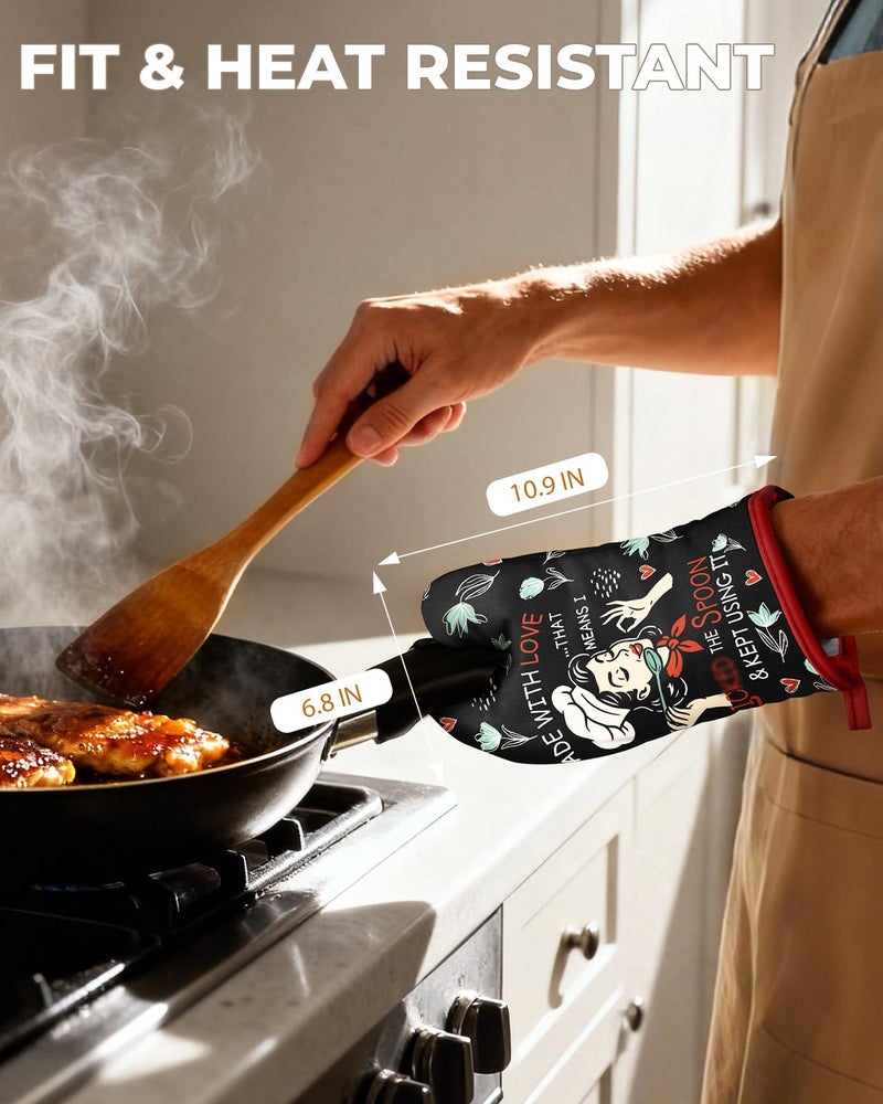 Slohif Funny Oven Mitt Heat Resistant for Women - 1 Pack Black Cute Novelty Cool Kitchen Oven Mittens with 100% Cotton for Baking and Cooking Accessories (Made with Love) - Image 2