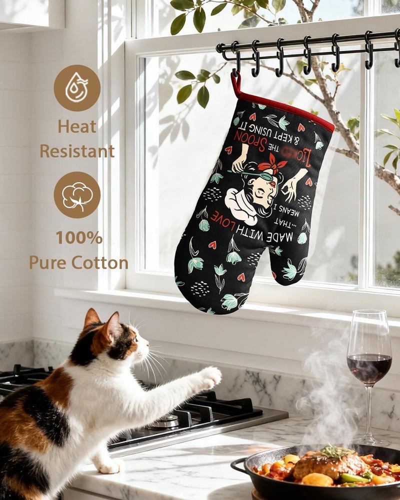 Slohif Funny Oven Mitt Heat Resistant for Women - 1 Pack Black Cute Novelty Cool Kitchen Oven Mittens with 100% Cotton for Baking and Cooking Accessories (Made with Love) - Image 4